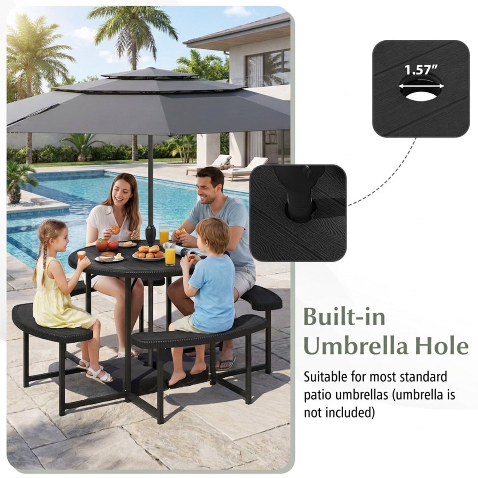 Biotree 62-Inch Round Picnic Table Bench Set with 4 Benches and Umbrella Hole for Patio Lawn, Black
