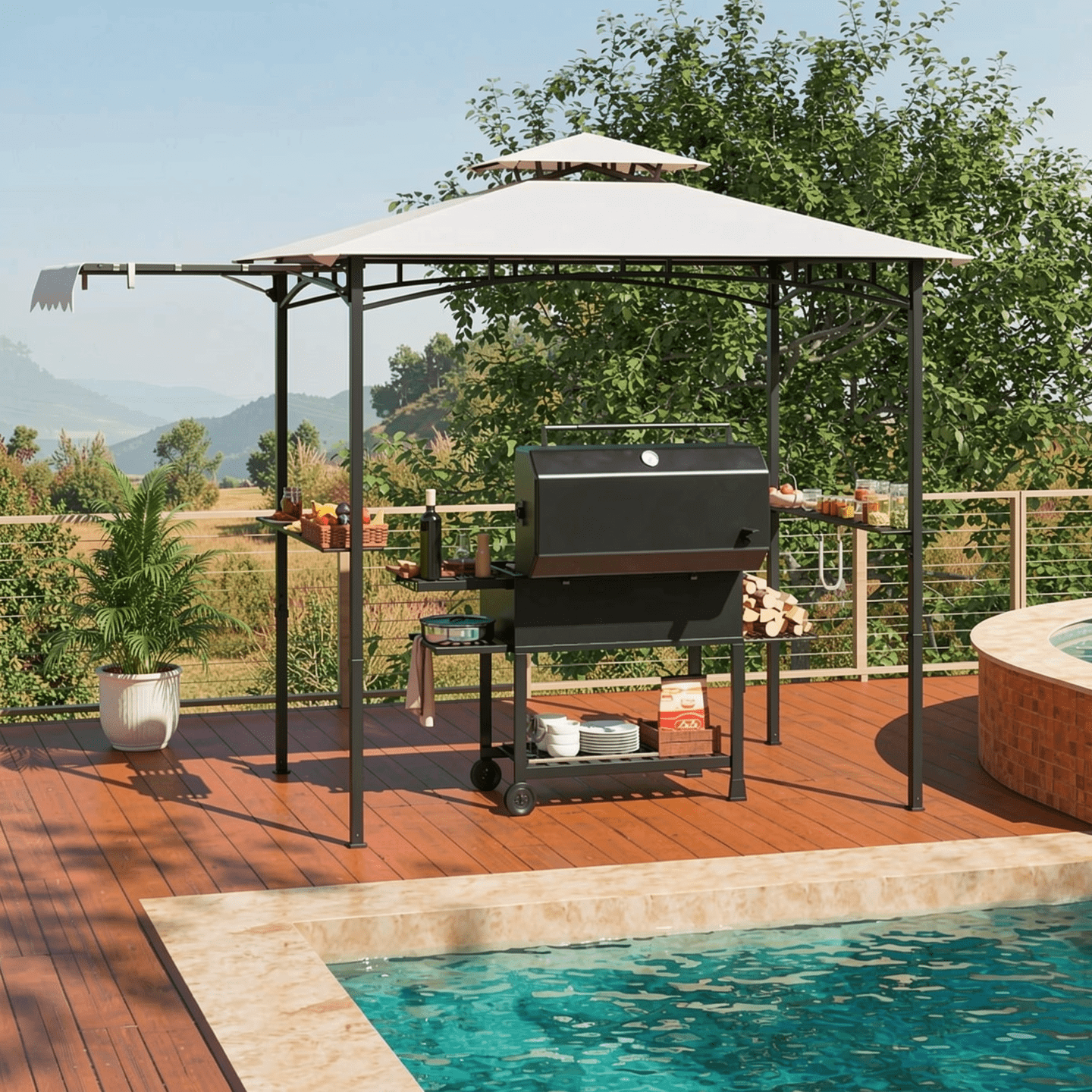 Biotree 11 x 5 FT Grill Gazebo with Side Awning and Double-Tiered Top Gray - Outdoor Patio Backyard Garden Shade Canopy Shelter