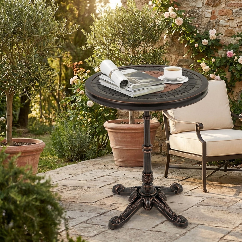 Biotree 24" Round Patio Dining Table Weather-resistant Cast Aluminum Table, Walnut