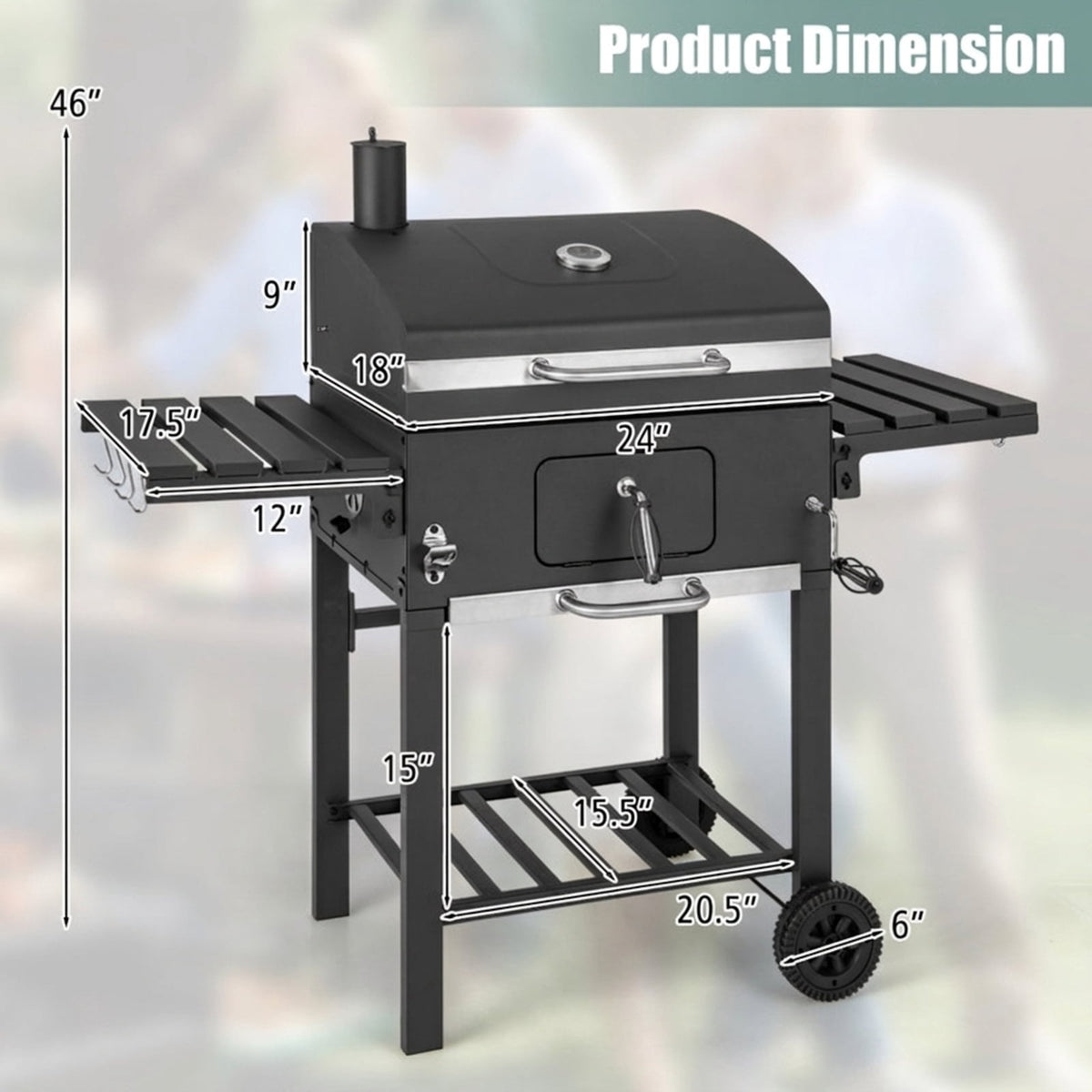 Biotree Outdoor BBQ Charcoal Grill with Folding Side Tables, Portable Charcoal BBQ Smoker on Wheels, Charcoal Grill Cooker with Thermometer for Backyard Patio Camping Black