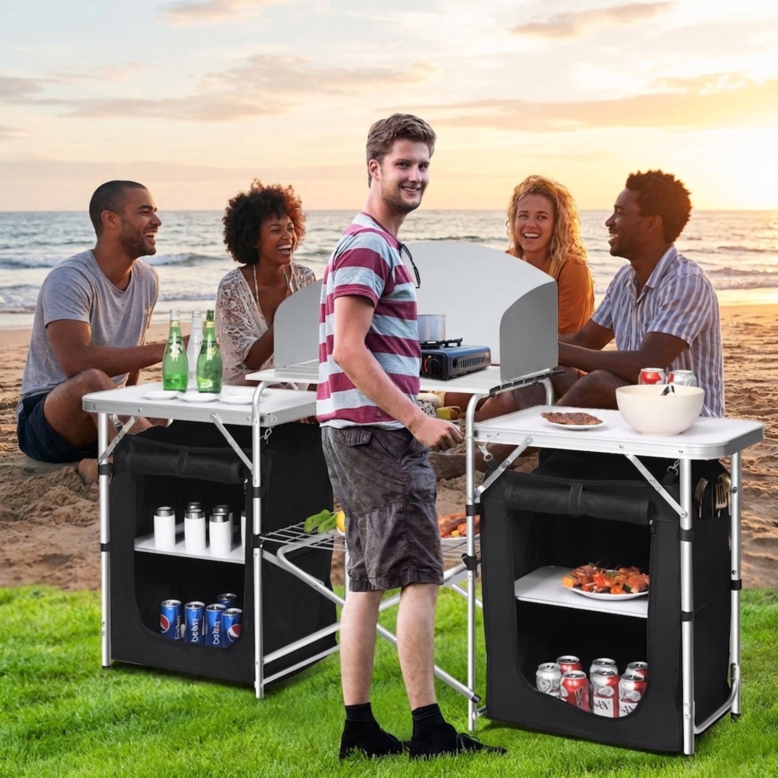 Biotree Folding Camping Table with Storage Organizer, Black