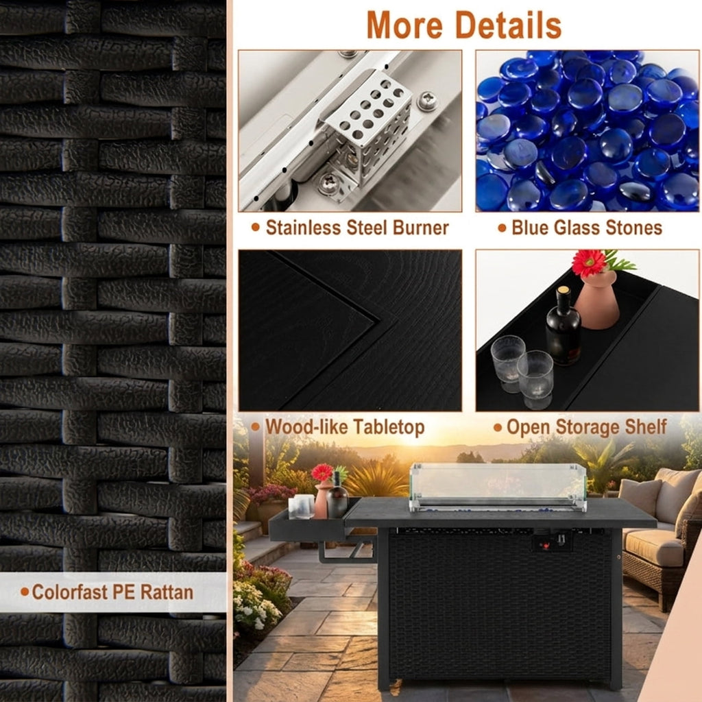 Biotree 52 Inches Outdoor Wicker Gas Fire Pit Propane Fire Table with Cover for Outdoor Patio Backyard Garden Camping, Black