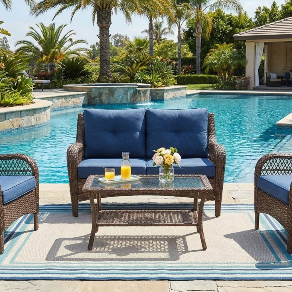 Biotree 4 Piece Patio Rattan Conversation Set with Cozy Seat Cushions Outdoor Conversation Set for Garden Backyard PorchPeacock Blue