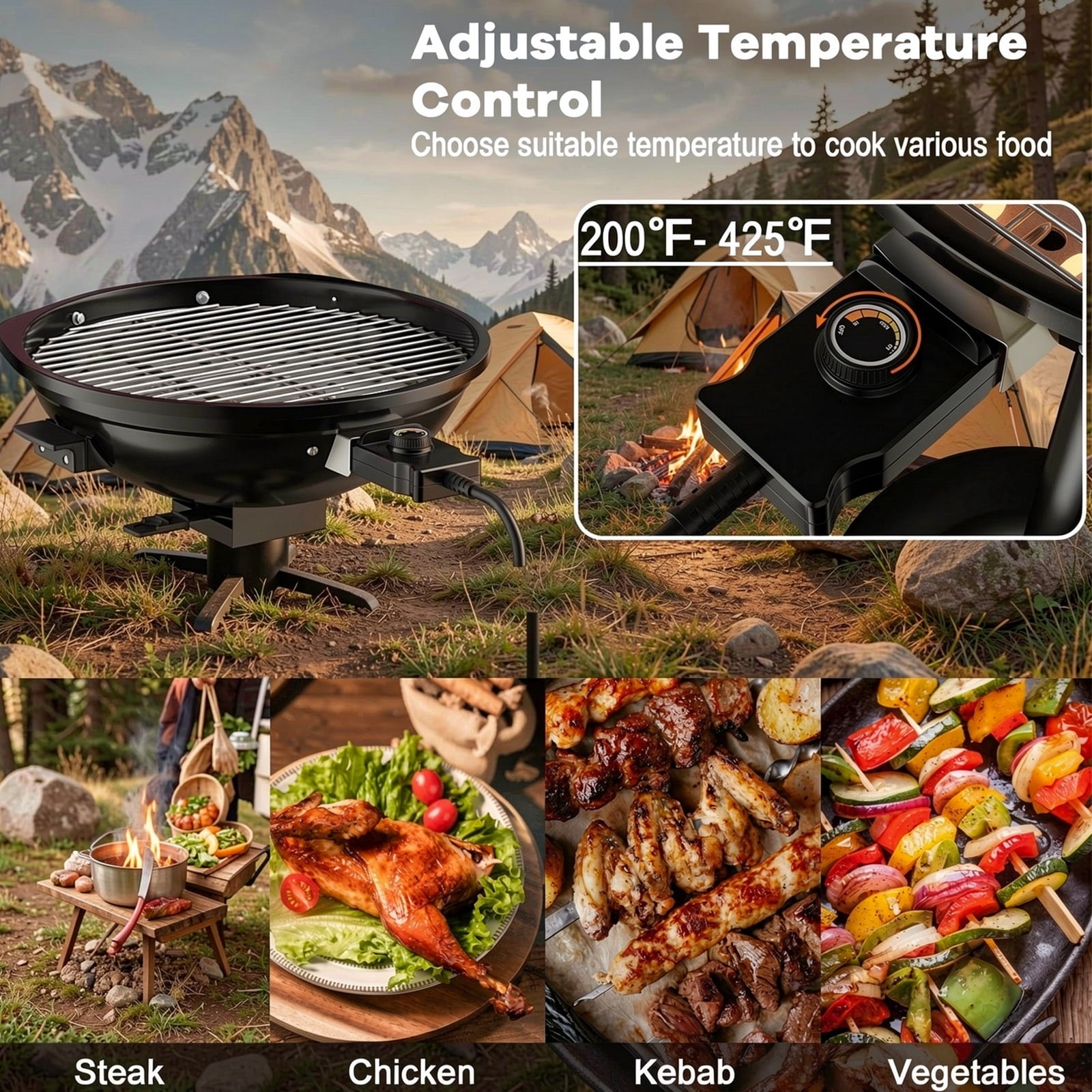 Biotree 1600W Portable Electric BBQ Grill with Removable Non-Stick Rack-Black and Red Outdoor Cooking Patio