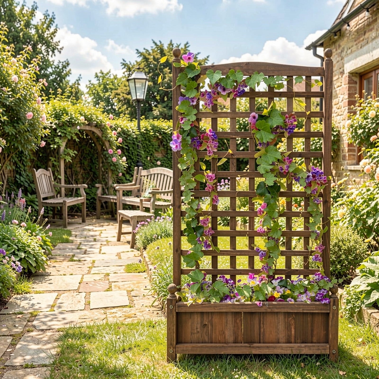 Biotree Solid Free Standing Wood Planter Box with Trellis for Garden Dark brown - Outdoor Backyard Patio Garden Planting