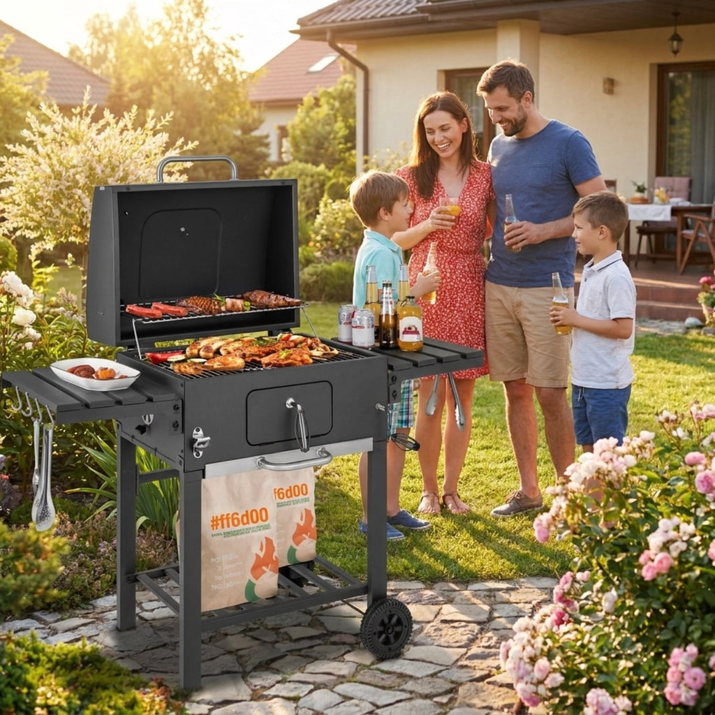 Biotree Outdoor BBQ Charcoal Grill with 2 Foldable Side Table and Wheels for Outdoor Backyard Camping Patio BBQ, Black