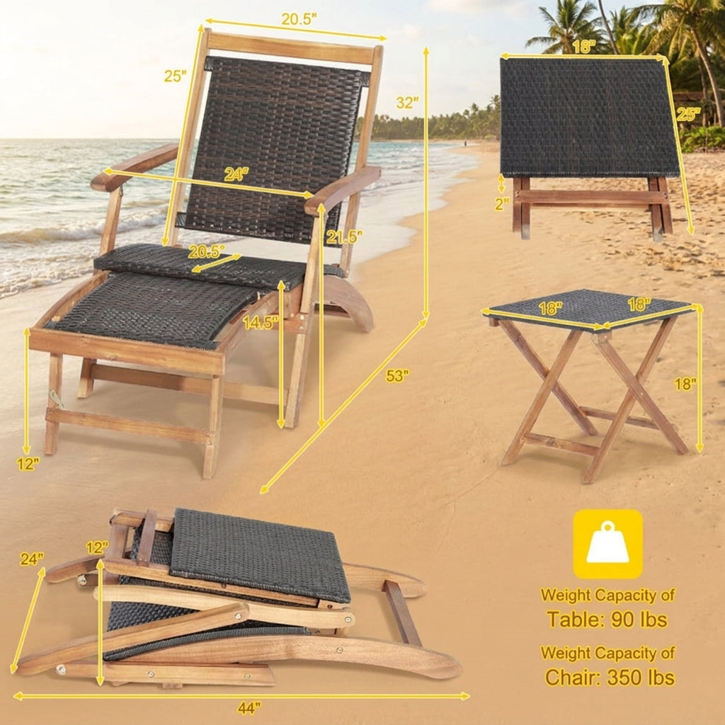 Biotree 2 Pieces Patio Rattan Folding Lounge Chair with Acacia Wood Table Stackable Patio Chair for Garden BackyardMix Brown