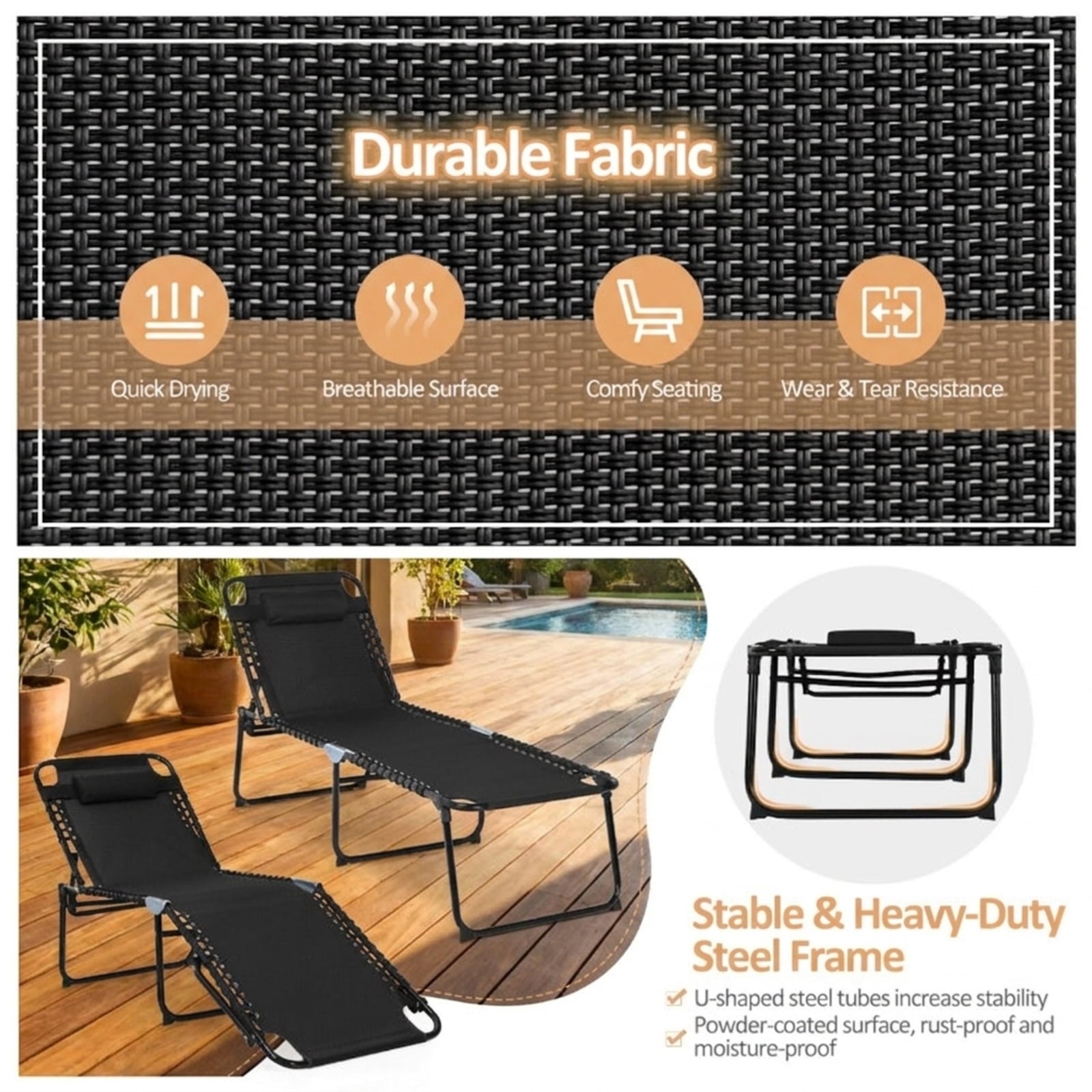 Biotree Foldable Recline Lounge Chair with Adjustable Backrest and Footrest Stackable Patio Chair for Garden BackyardBlack