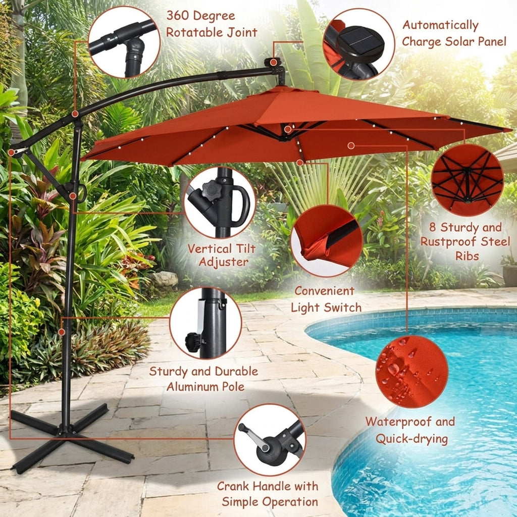 Biotree 10 ft Solar LED Cantilever Patio Umbrella Offset Hanging with Cross Base, 8 Ribs - Orange for Backyard