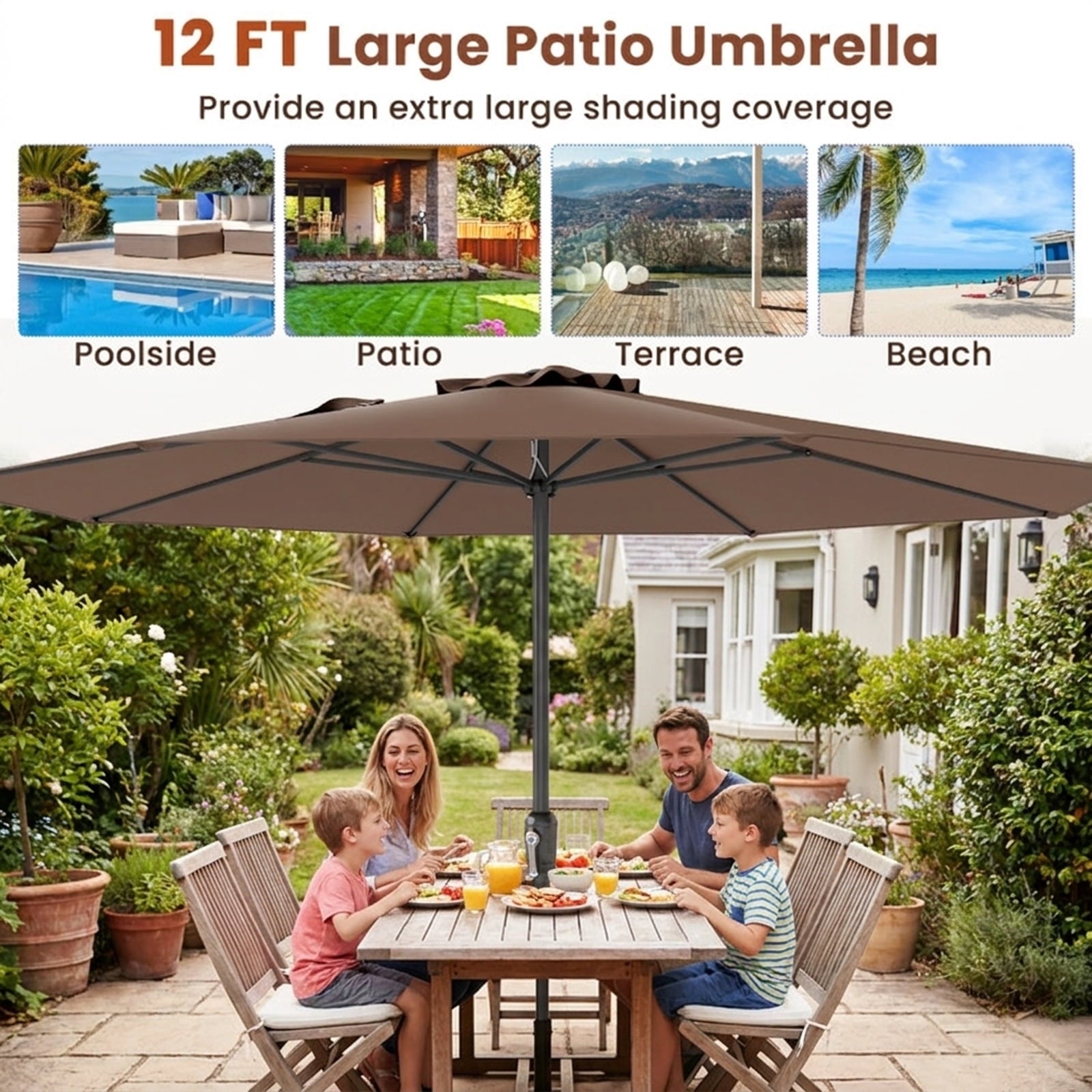 Biotree 12 ft Market Patio Umbrella with Crank and Tilt, 8 Sturdy Ribs, Vented Canopy - Beige for Backyard