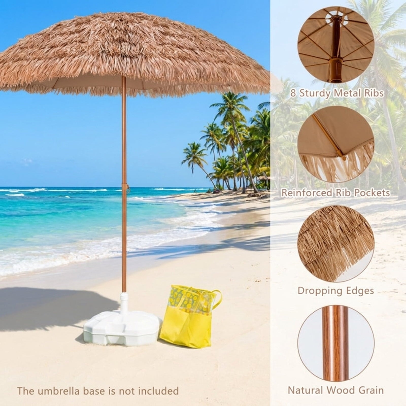 Biotree 8 ft Thatched Tiki Patio Umbrella Crank Tilt Outdoor Shade - Natural - UV Protection with Cross Base