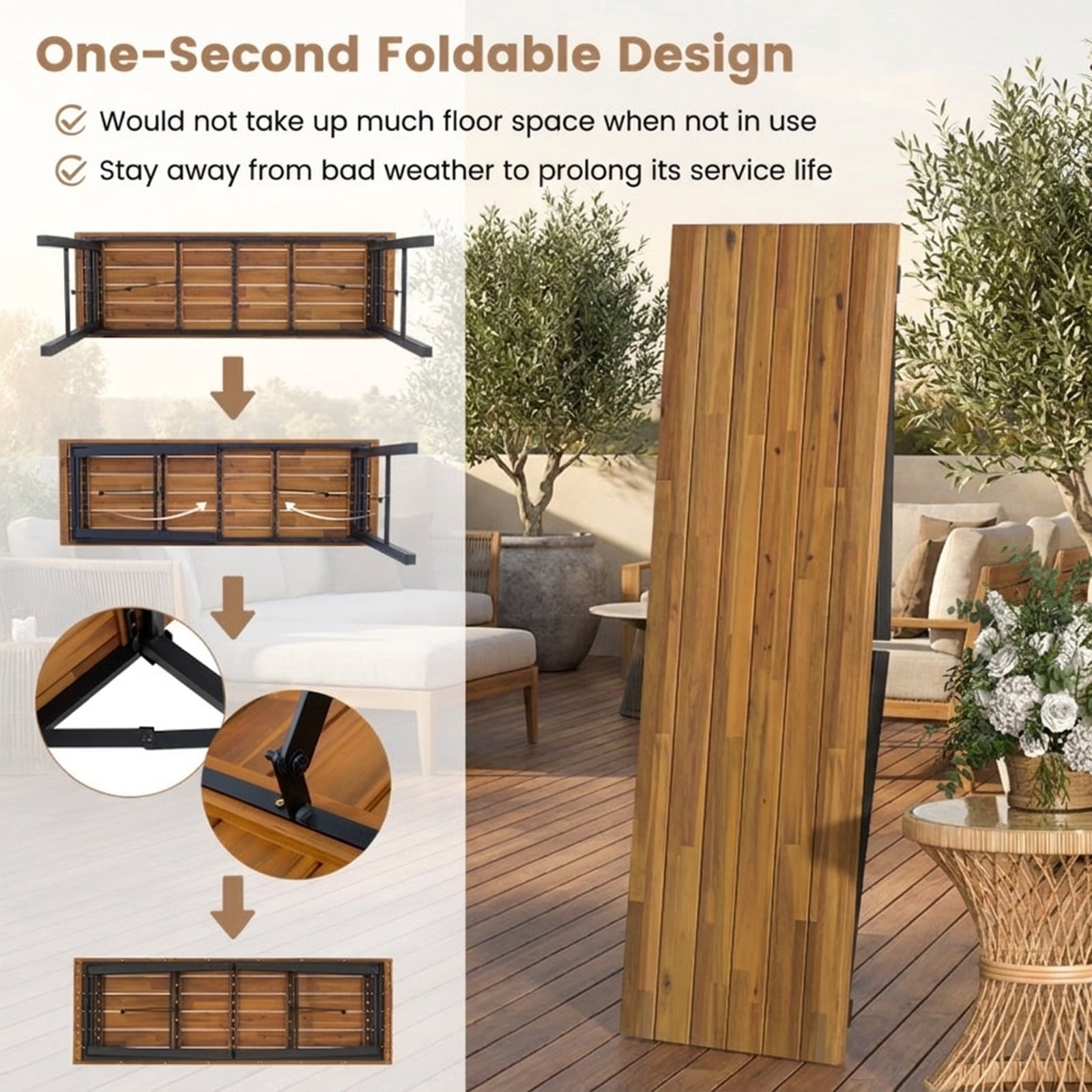Biotree Folding Picnic Table Acacia Wood Dining Table with Metal Frame for Indoor Outdoor Activities, Natural