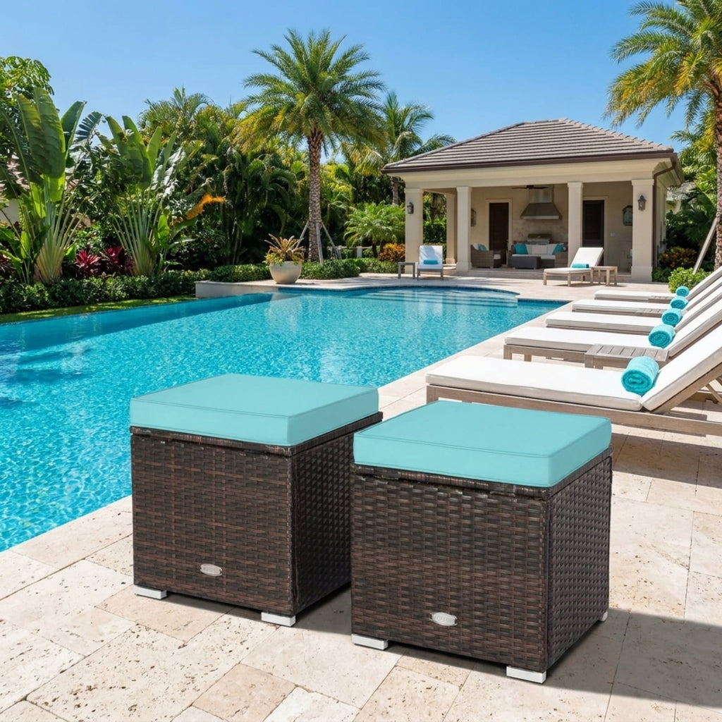 Biotree 2 Pieces Patio Ottoman with Removable Cushions Stackable Patio Chair for Garden BackyardTurquoise