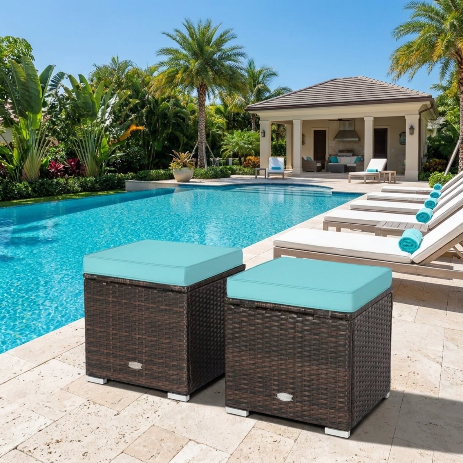 Biotree 2 Pieces Patio Ottoman with Removable Cushions Stackable Patio Chair for Garden BackyardTurquoise