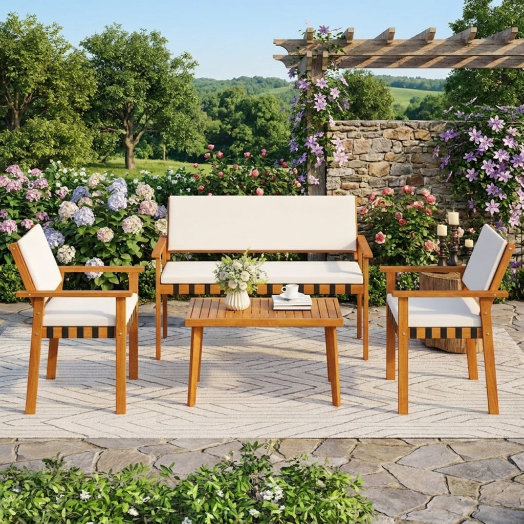 Biotree 4 Piece Patio Furniture Set with Coffee Table for Backyard and Garden Outdoor Conversation Set for Garden Backyard PorchWhite