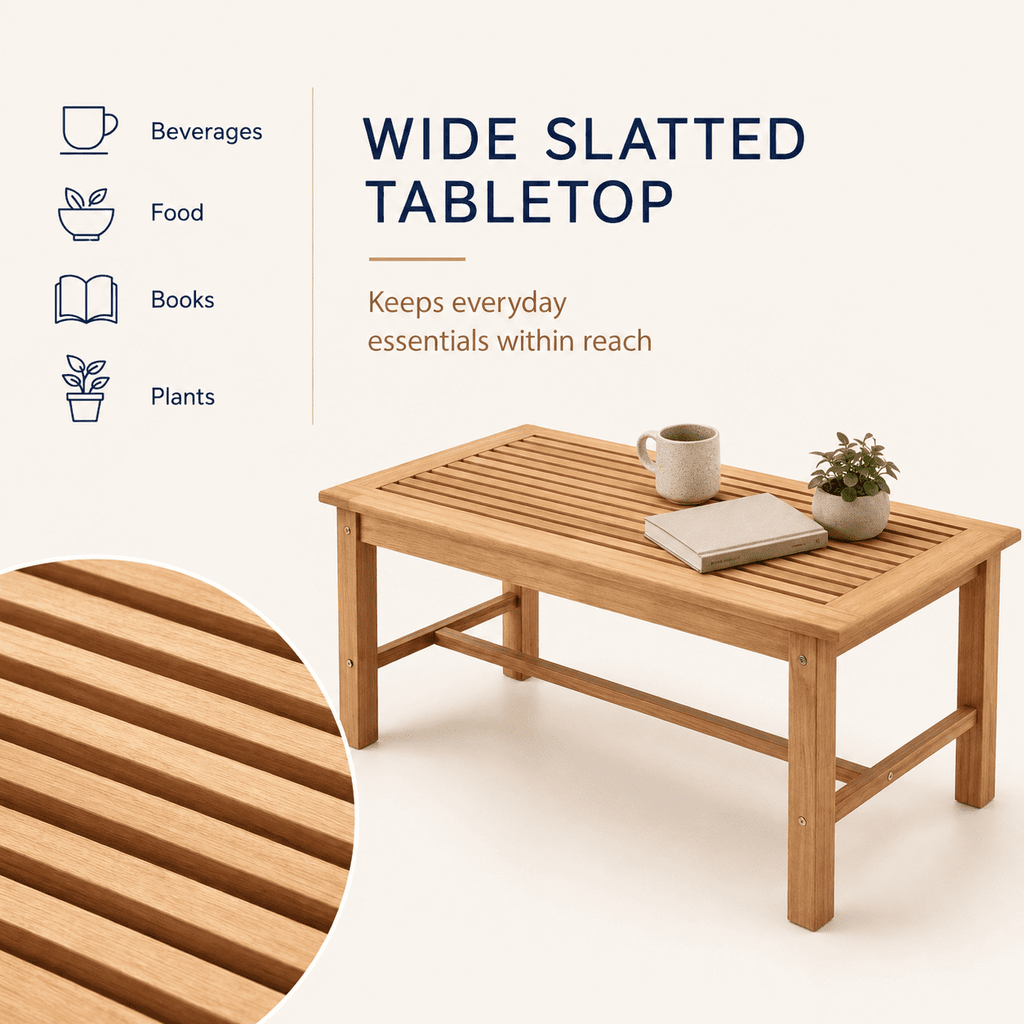 Biotree 36-Inch Rectangular Teak Wood Patio Coffee Table with Slatted Top, Reinforced Outdoor Side Table for Garden, Poolside and Balcony, Natural