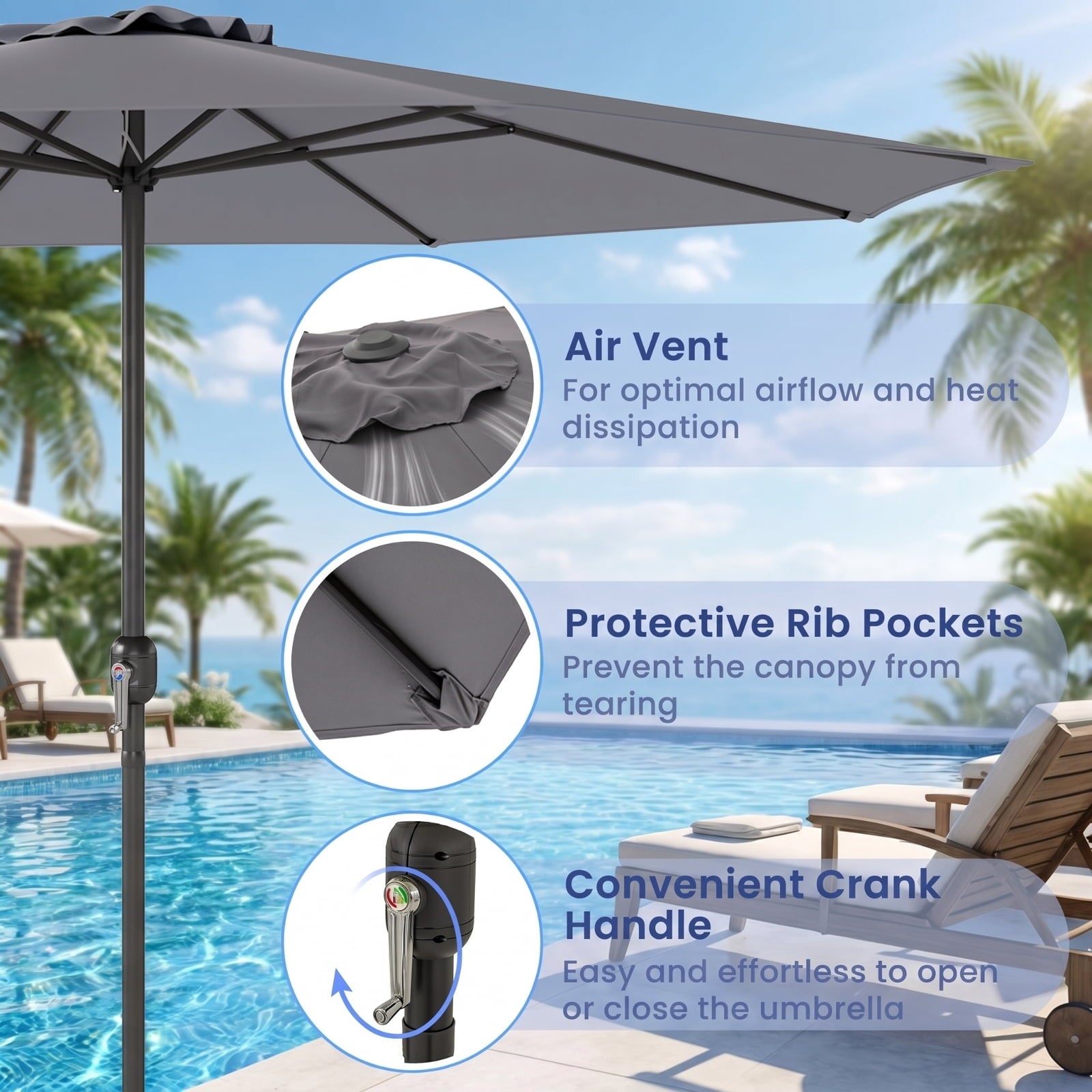 Biotree 12 ft Market Patio Umbrella with Crank and Tilt, 8 Sturdy Ribs, Vented Canopy - Gray for Backyard