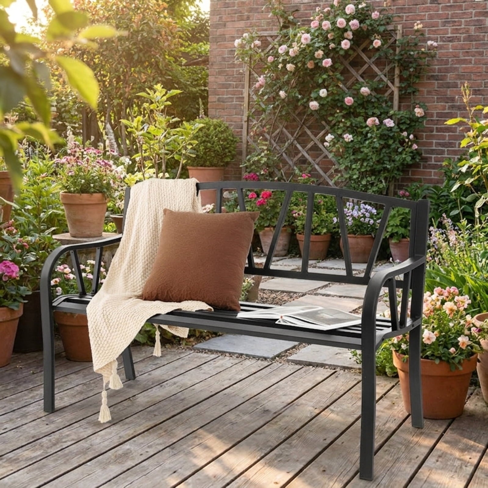 Biotree Patio Garden Bench with Metal Frame and Slatted Seat Stackable Patio Chair for Garden BackyardBlack