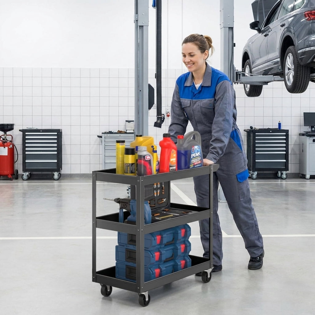 Biotree 3-Tier Metal Utility Cart Tool Trolley Flat Handle 2 Lockable Wheels 400 lbs - Black