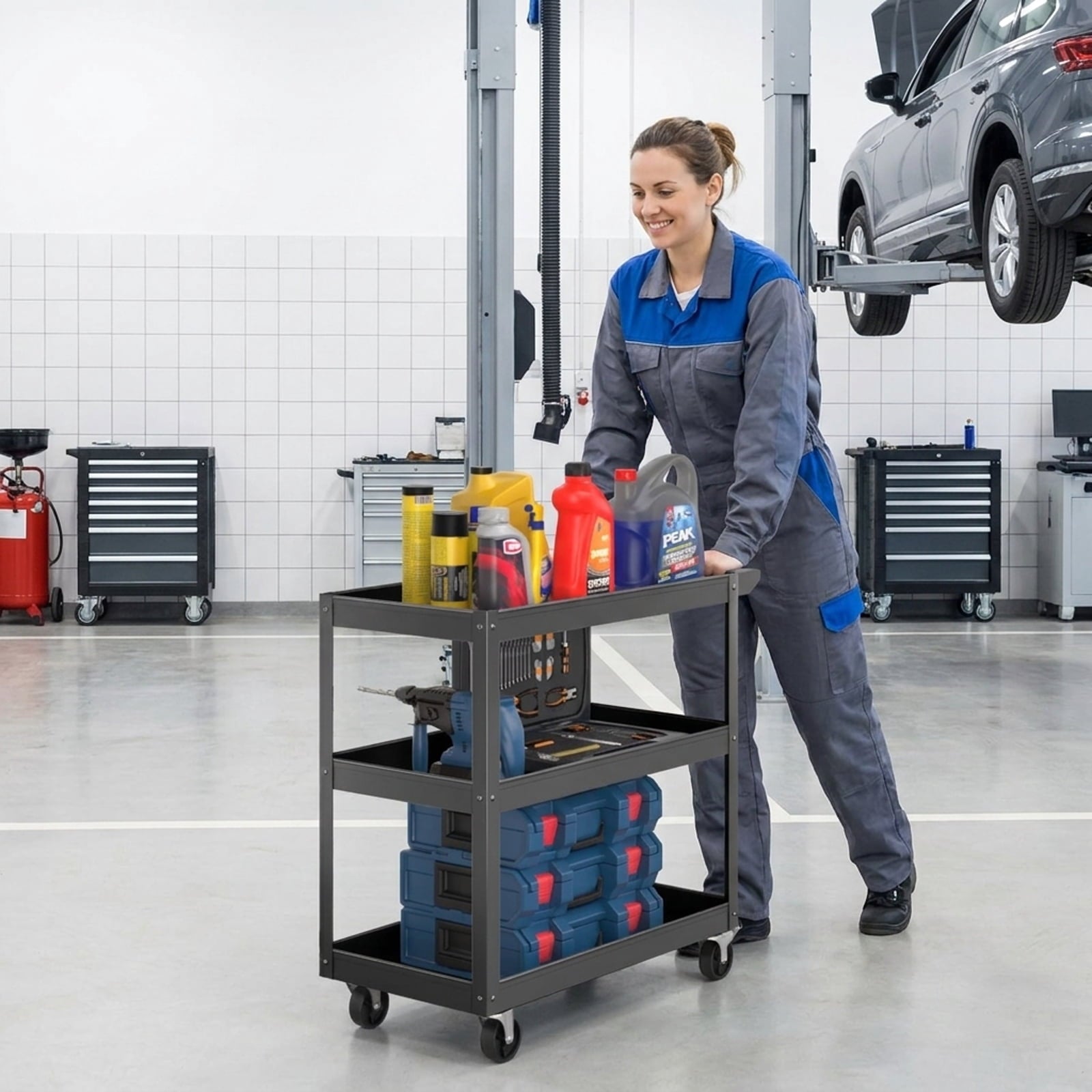 Biotree 3-Tier Metal Utility Cart Tool Trolley Flat Handle 2 Lockable Wheels 400 lbs - Black