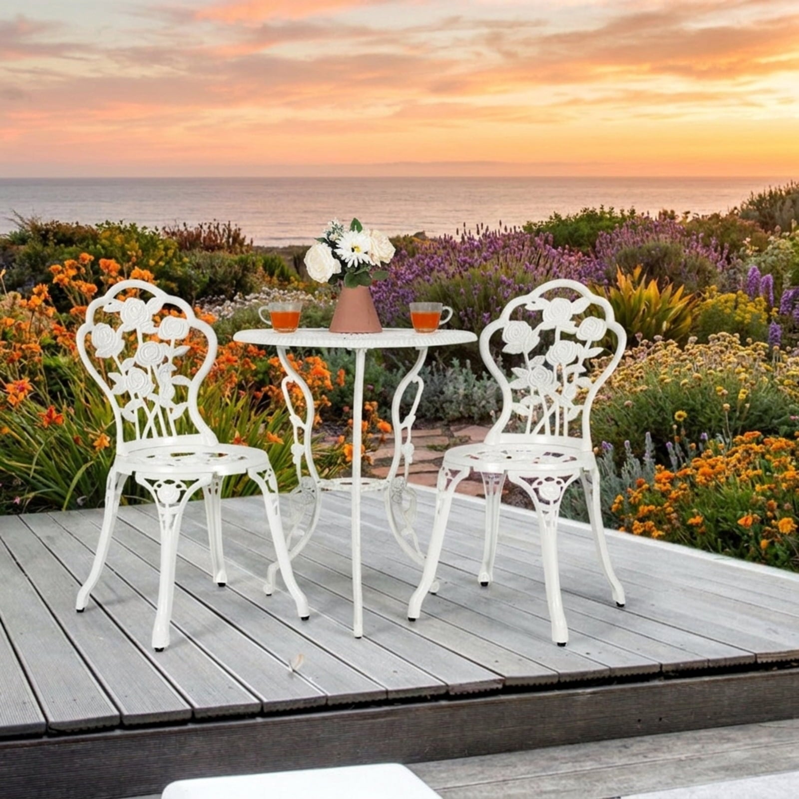 Biotree Outdoor Cast Aluminum Patio Furniture Set with Rose Design Outdoor Conversation Set for Garden Backyard PorchWhite