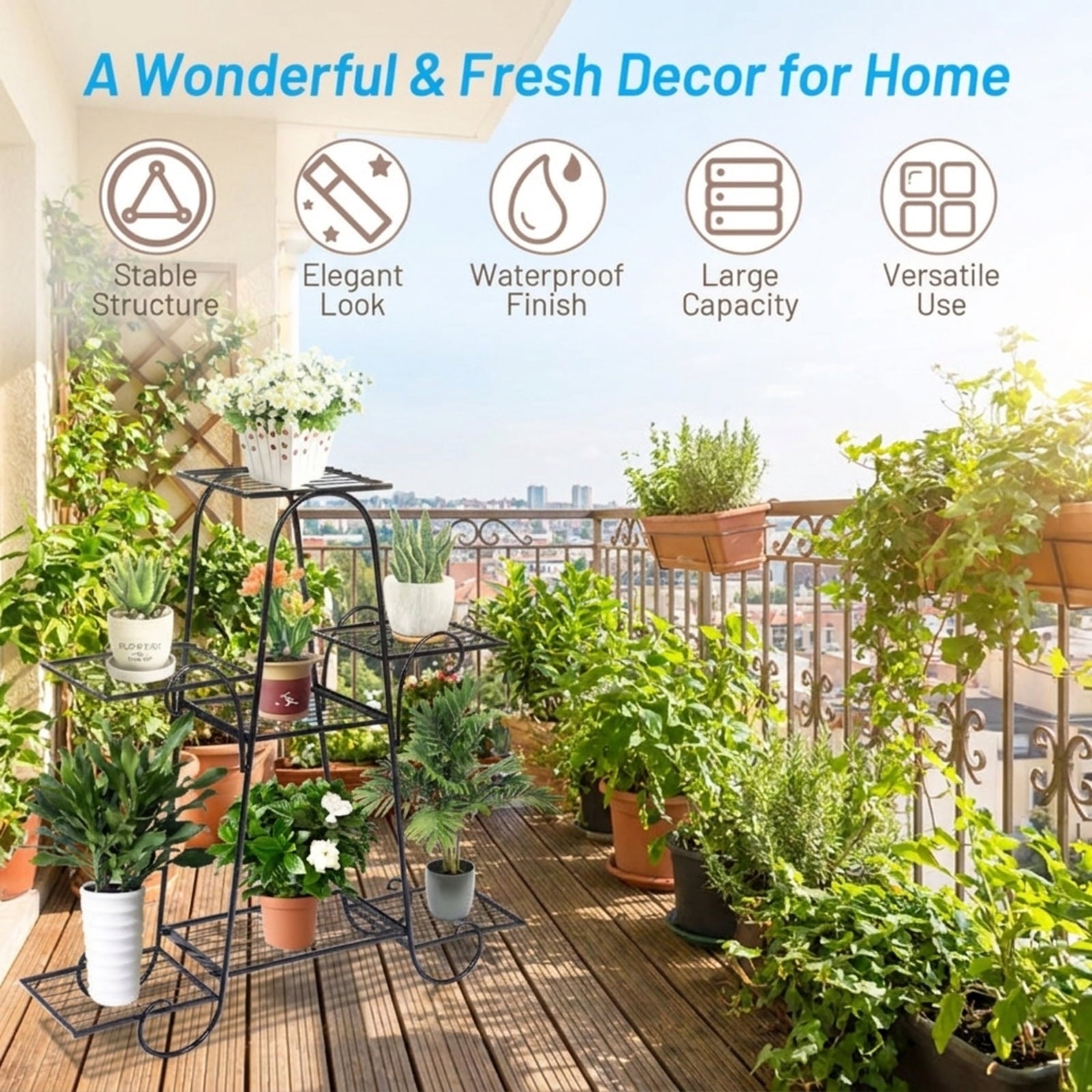 Biotree 7 Tier Metal Patio Plant Stand for Indoor Outdoor Patio Balcony Garden, Black