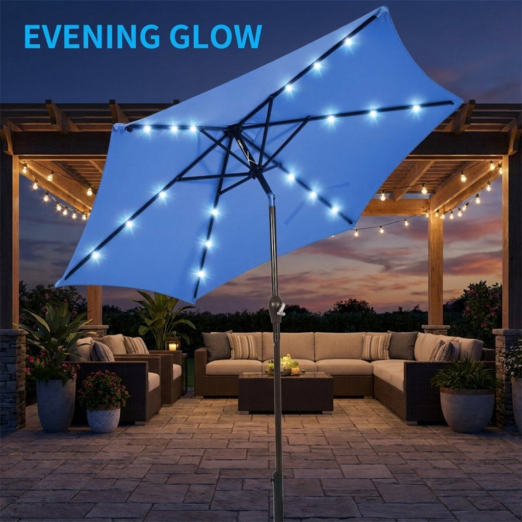 Biotree 9 ft Solar LED Market Patio Umbrella with Crank and Tilt, 6 Sturdy Ribs, Vented Canopy - Navy Blue
