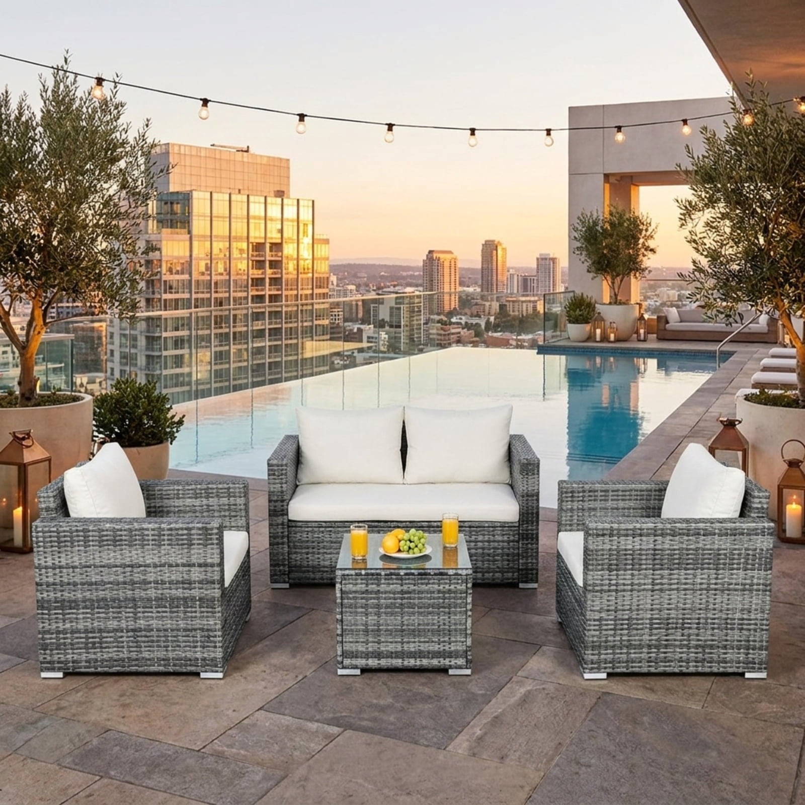 Biotree 3 Pcs Patio Rattan Furniture Bistro Sofa Set with Cushioned Outdoor Conversation Set for Garden Backyard PorchWhite
