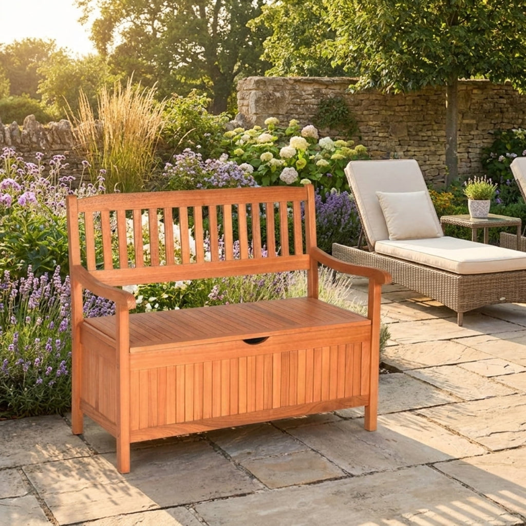 Biotree 33 Gallon Wooden Storage Bench with Liner for Patio Garden Porch Stackable Patio Chair for Garden Backyard