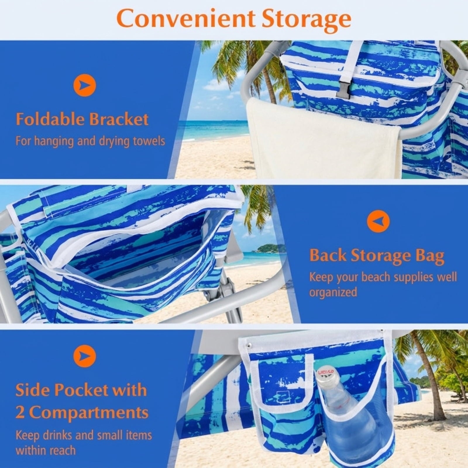Biotree Foldable Backpack Beach Chair with Cup Holder and Storage Pockets Set of 2 Stackable Patio Chair for Garden BackyardNavy