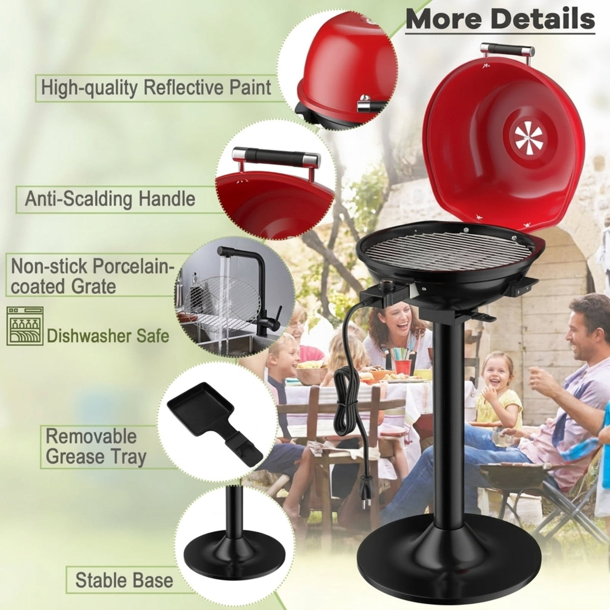 Biotree 1600W Portable Electric BBQ Grill with Temperature Control Grease Collector, Smokeless Tabletop BBQ Cooker for Backyard Patio Camping Red