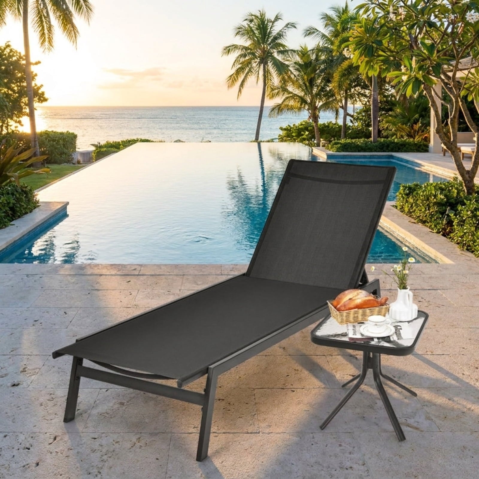 Biotree Outdoor Reclining Chaise Lounge Chair with 6-Position Adjustable Back Stackable Patio Chair for Garden BackyardBlack