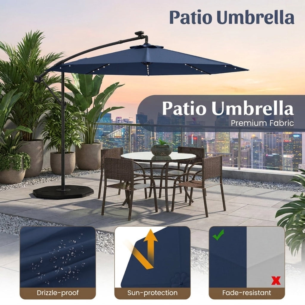 Biotree 10 ft Solar LED Cantilever Patio Umbrella Offset Hanging with Cross Base, 8 Ribs - Navy Blue