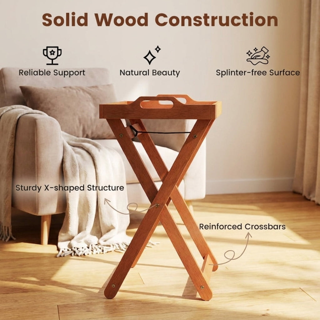 Biotree Outdoor Wood Tray Table Portable Side End Table with Folding Frame, Natural