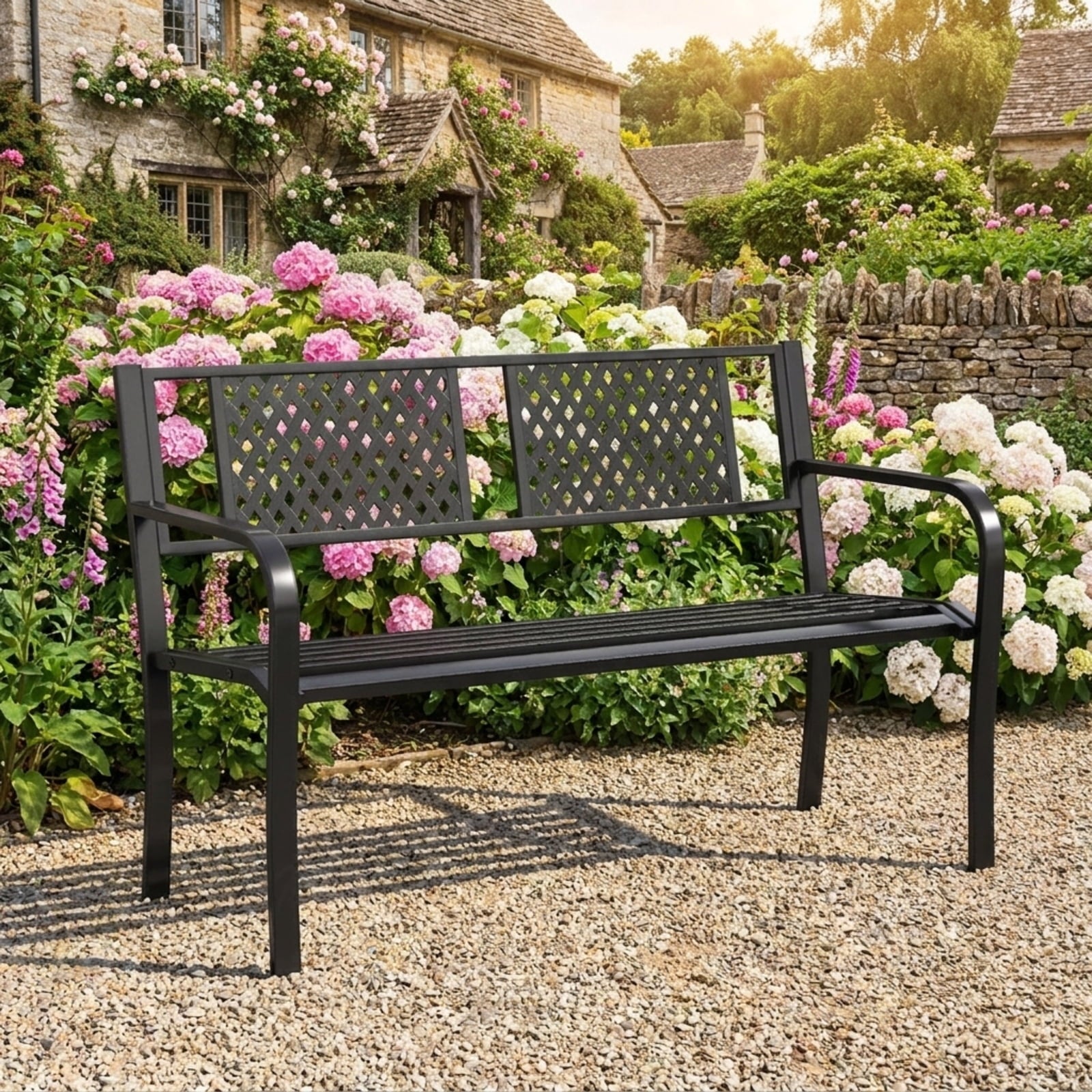 Biotree Outdoor Bench Metal Loveseat Patio Bench for 2-3-Person Stackable Patio Chair for Garden BackyardBlack