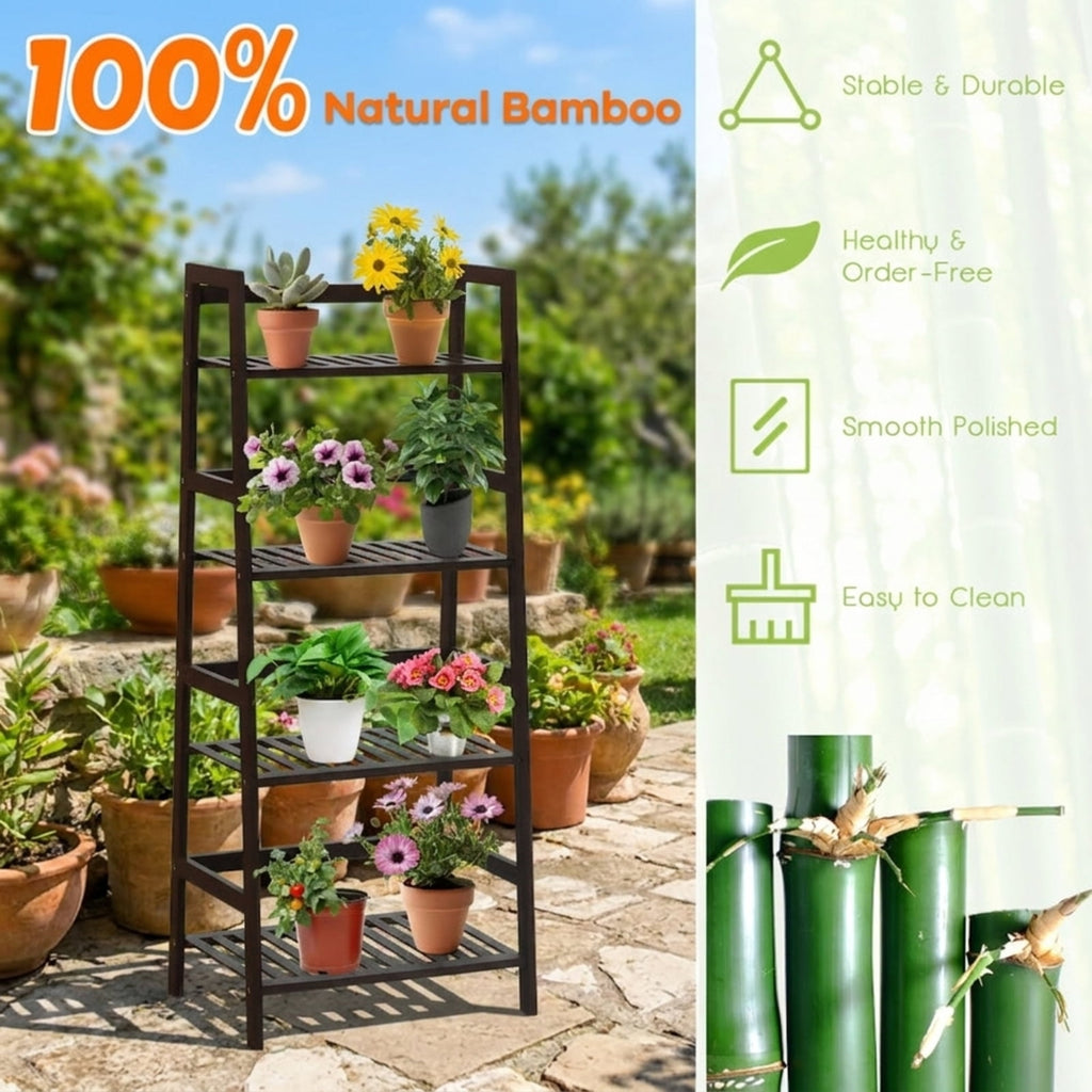 Biotree 4-Tier Bamboo Plant Rack with Guardrails Stable and Space-Saving for Indoor Outdoor Patio Balcony Garden, Brown