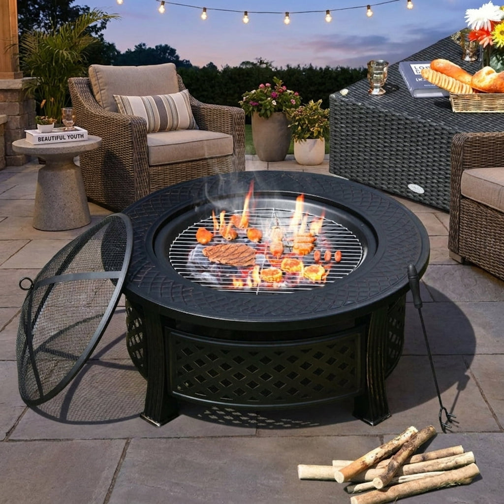 Biotree Outdoor Fire Pit with BBQ Grill and High for Outdoor Patio Backyard Garden Camping, Black