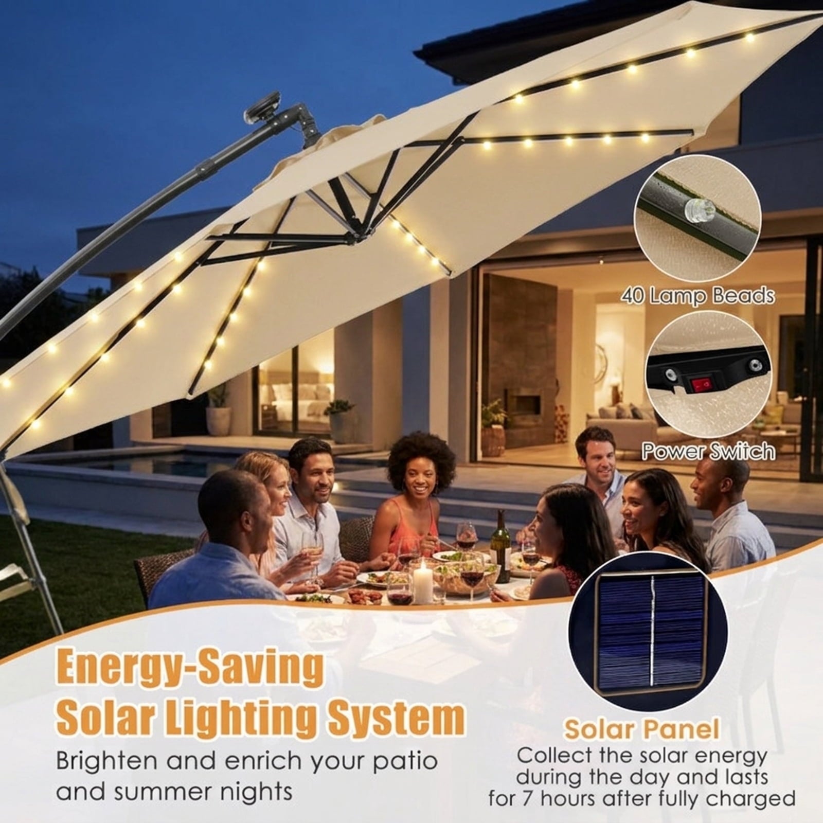 Biotree 10 ft Solar Offset Hanging Umbrella with 40 LED Lights Cross Base and 180G Polyester Canopy for Deck Garden Backyard - Tan