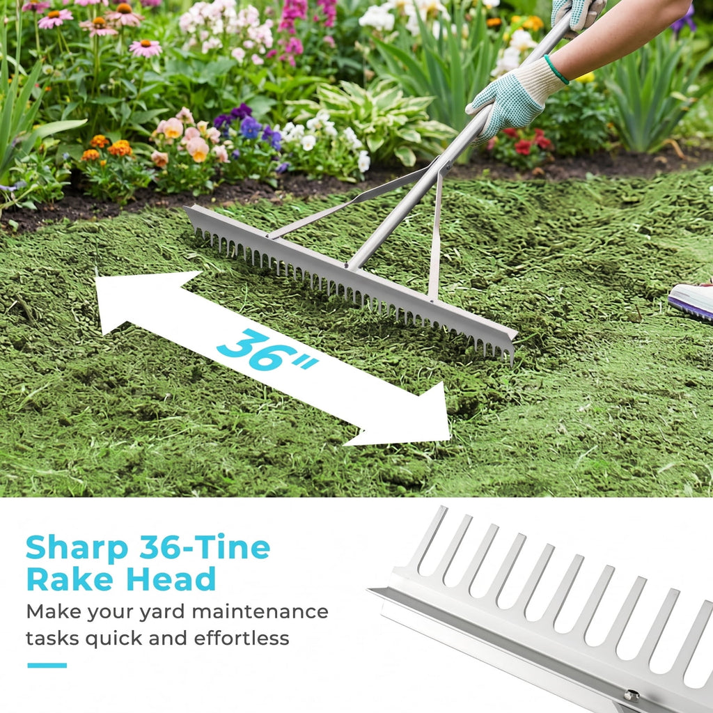 Biotree Aluminum Rake with 36 Inch Wide Rake Head and 68 Inch Long Handle for Lawn Garden Yard Soil Care, Silver