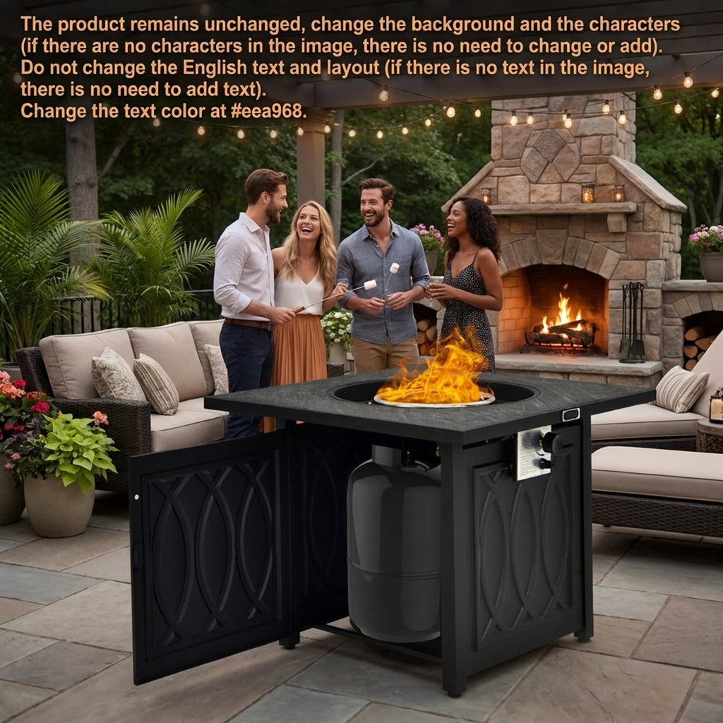 Biotree 32 Inch Propane Fire Pit Table Square Tabletop with Lava Rocks Cover 50000 BTU for Outdoor Patio Backyard Garden Camping, Black