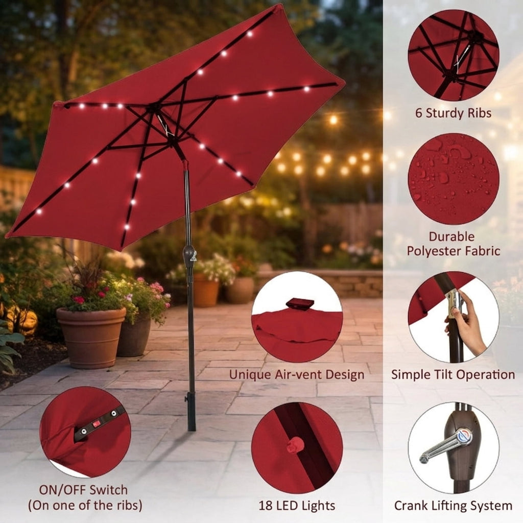 Biotree 9 ft Solar LED Market Patio Umbrella with Crank and Tilt, 6 Sturdy Ribs, Vented Canopy - Walnut