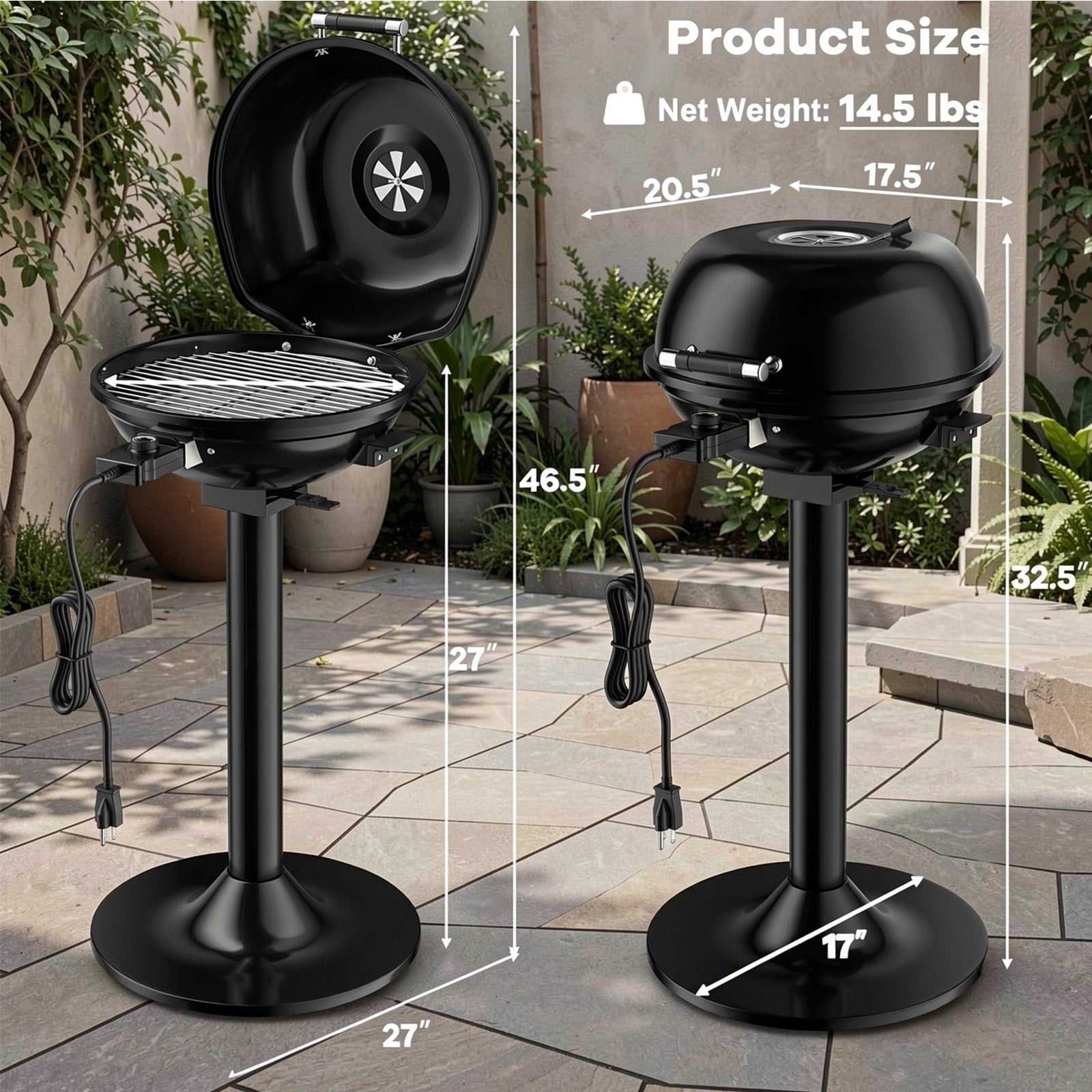Biotree 1600W Portable Electric BBQ Grill with Removable Non-Stick Rack-Black Outdoor Cooking Patio Summer