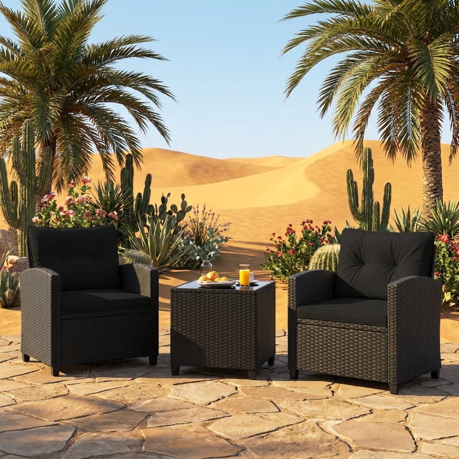 Biotree 3 Pieces Patio Furniture Set with Tempered Glass Coffee Table Outdoor Conversation Set for Garden Backyard PorchBlack