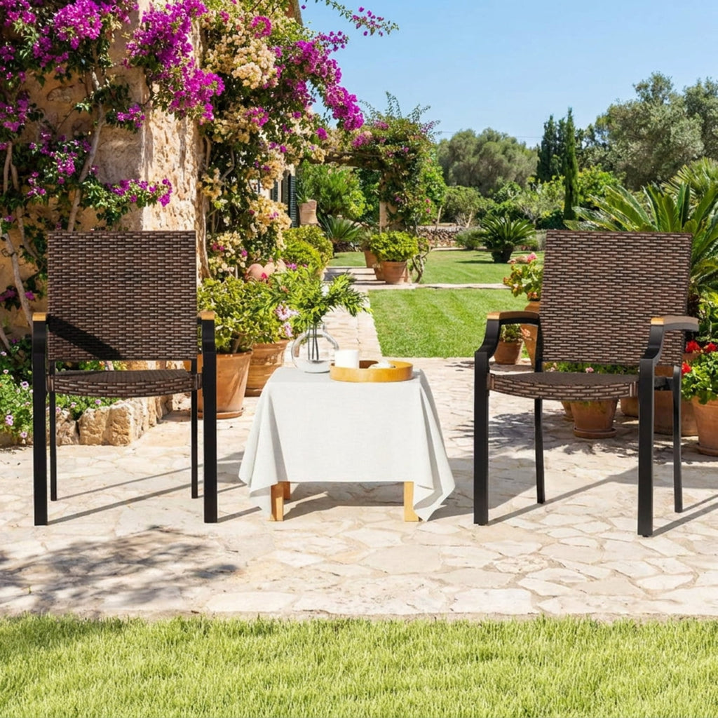Biotree Stacking Wicker Chairs Set of 2 Patio Rattan Dining Chairs with Acacia Wood ArmrestsMix Brown