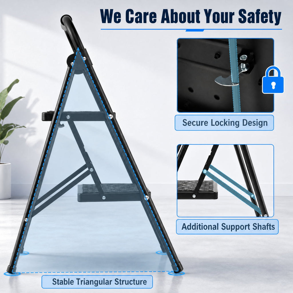 Biotree 2-Step Folding Step Ladder with 330 lb Capacity, Wide Anti-Slip Pedals and Padded Handrail for Kitchen, Home and Garage, Black