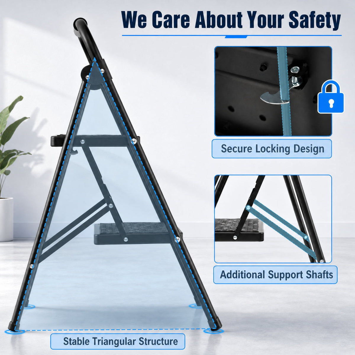 Biotree 2-Step Folding Step Ladder with 330 lb Capacity, Wide Anti-Slip Pedals and Padded Handrail for Kitchen, Home and Garage, Black
