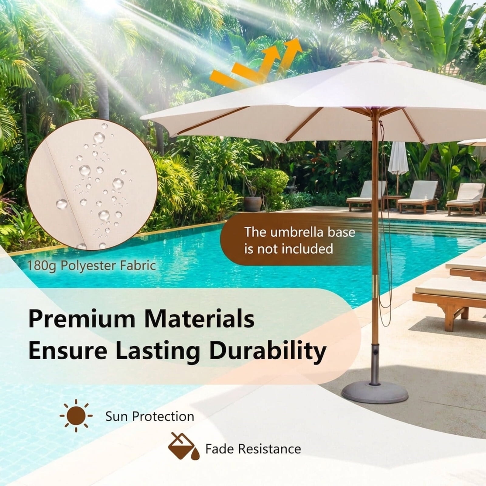 Biotree 10 Feet Patio Umbrella with 8 Wooden Ribs and 3 Adjustable Heights-Beige Deck Garden Pool Outdoor Living