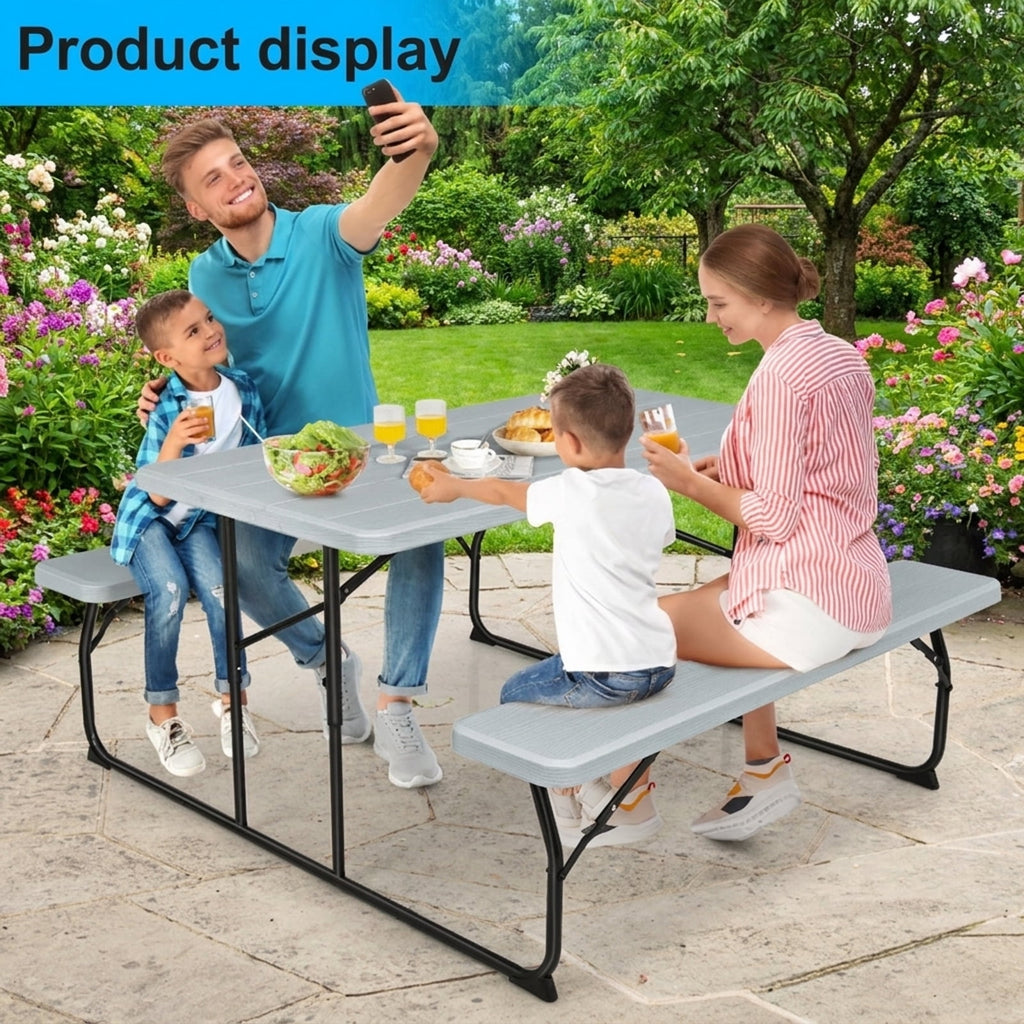 Biotree Indoor and Outdoor Folding Picnic Table Bench Set with Wood-like Texture, Gray