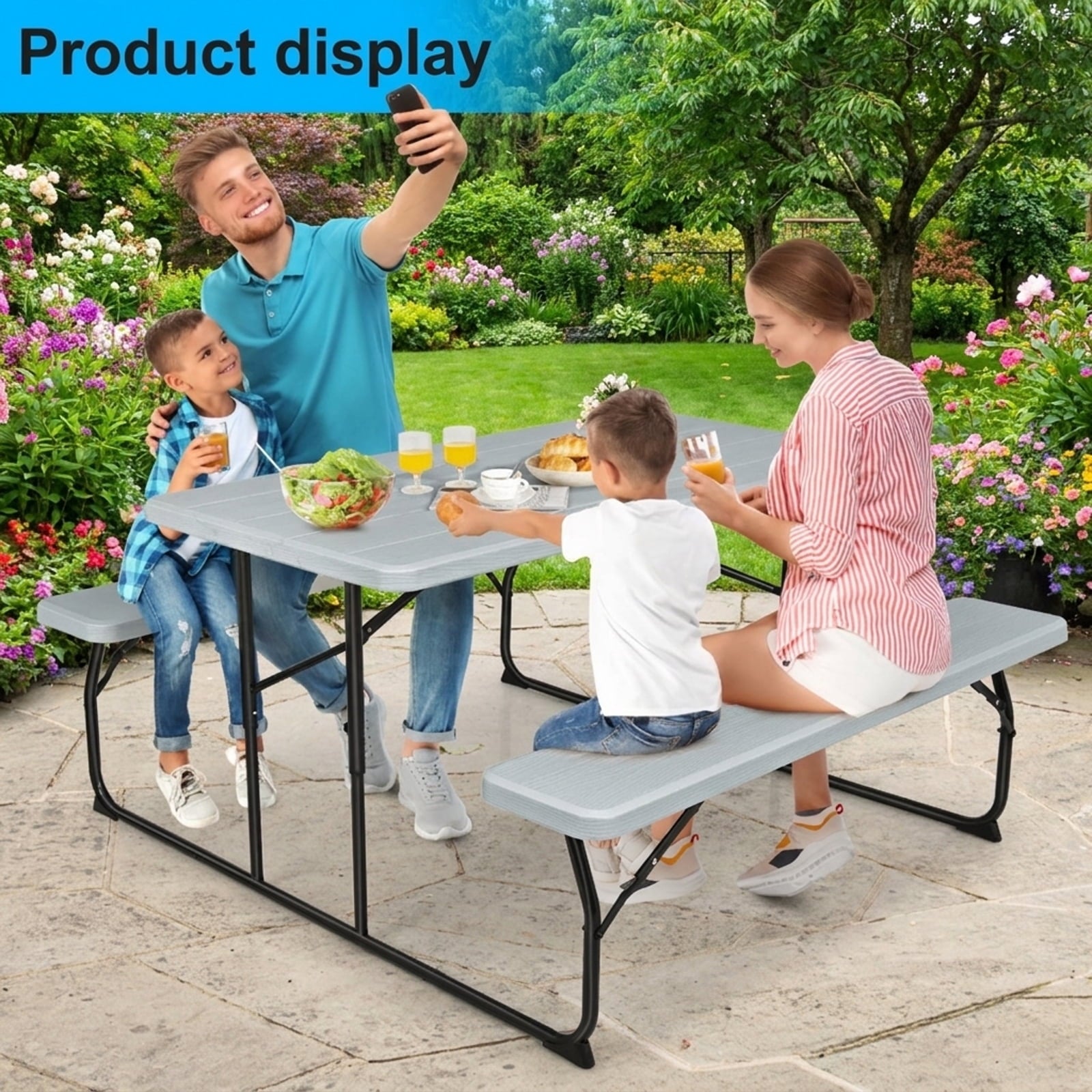 Biotree Indoor and Outdoor Folding Picnic Table Bench Set with Wood-like Texture, Gray