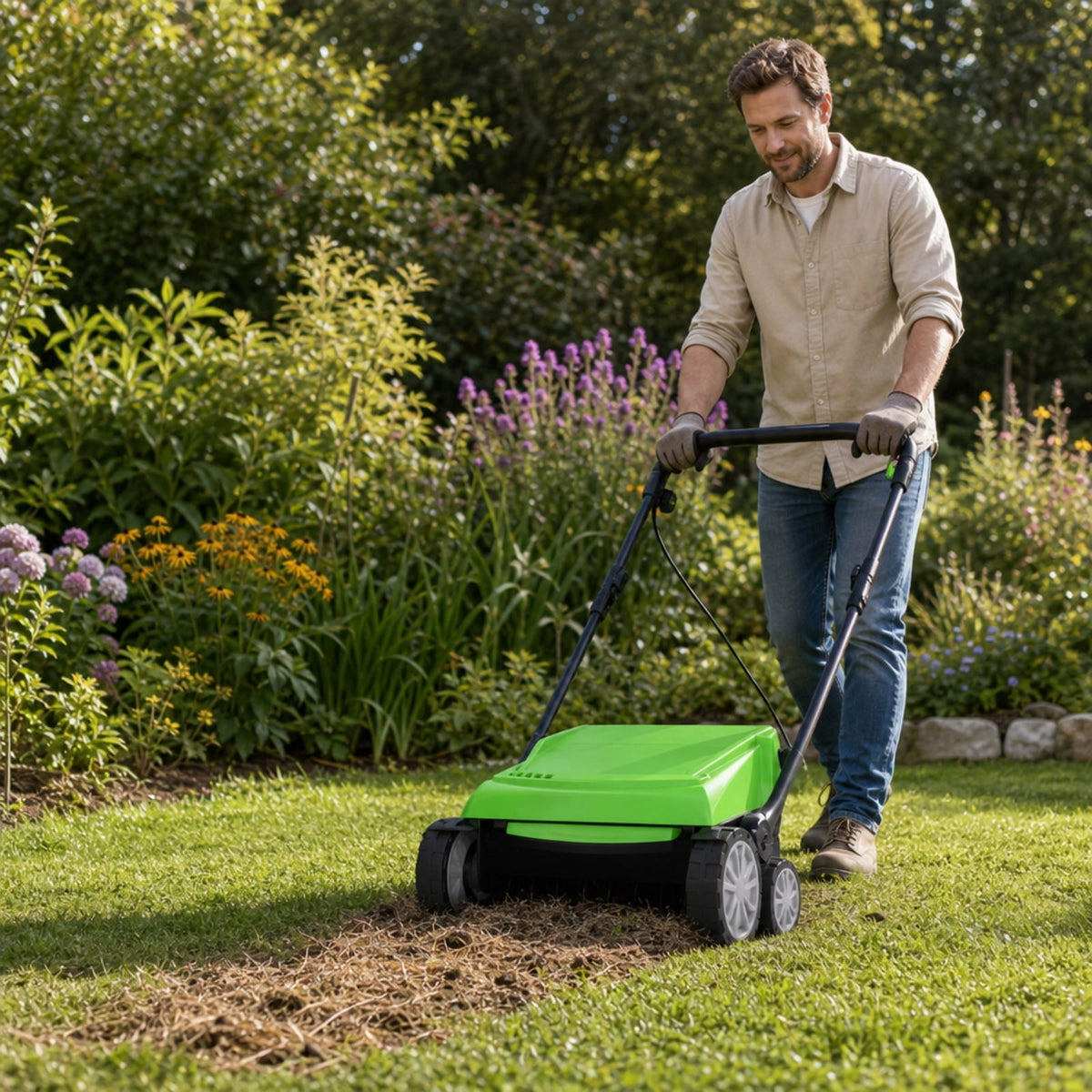 Biotree 15" 13 Amp Electric Lawn Dethatcher Scarifier, Corded Lawn Rake with 4-Position Height Adjustment, Removable Blades and 50L Collection Bag for Lawn Care Yard Renovation Green